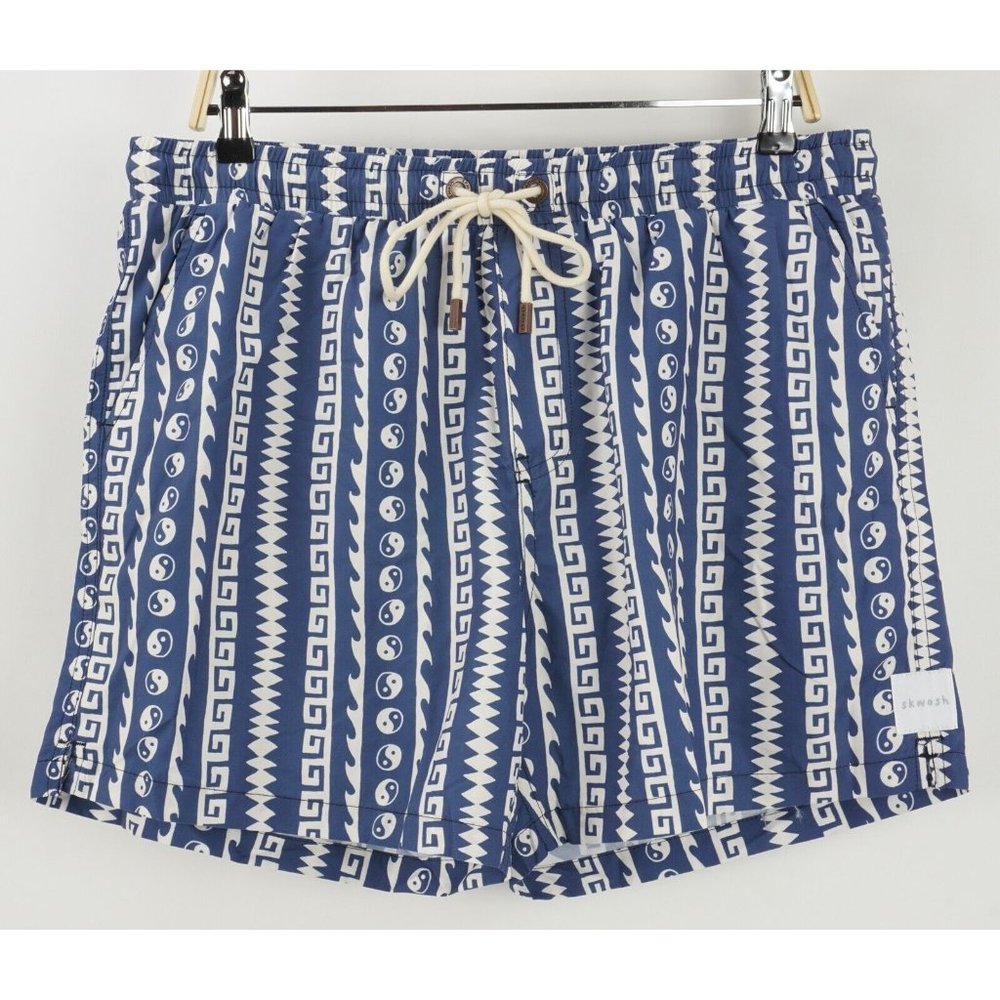 New Skwosh Pablo Pinstripe‎ Men's XL Blue White Mesh Lined Swim Trunks Shorts